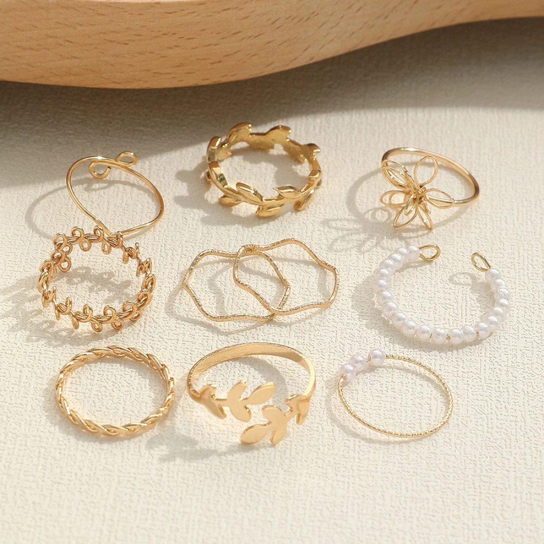 10 pcs Gold Color Flower Leaf Pearl Ring Set