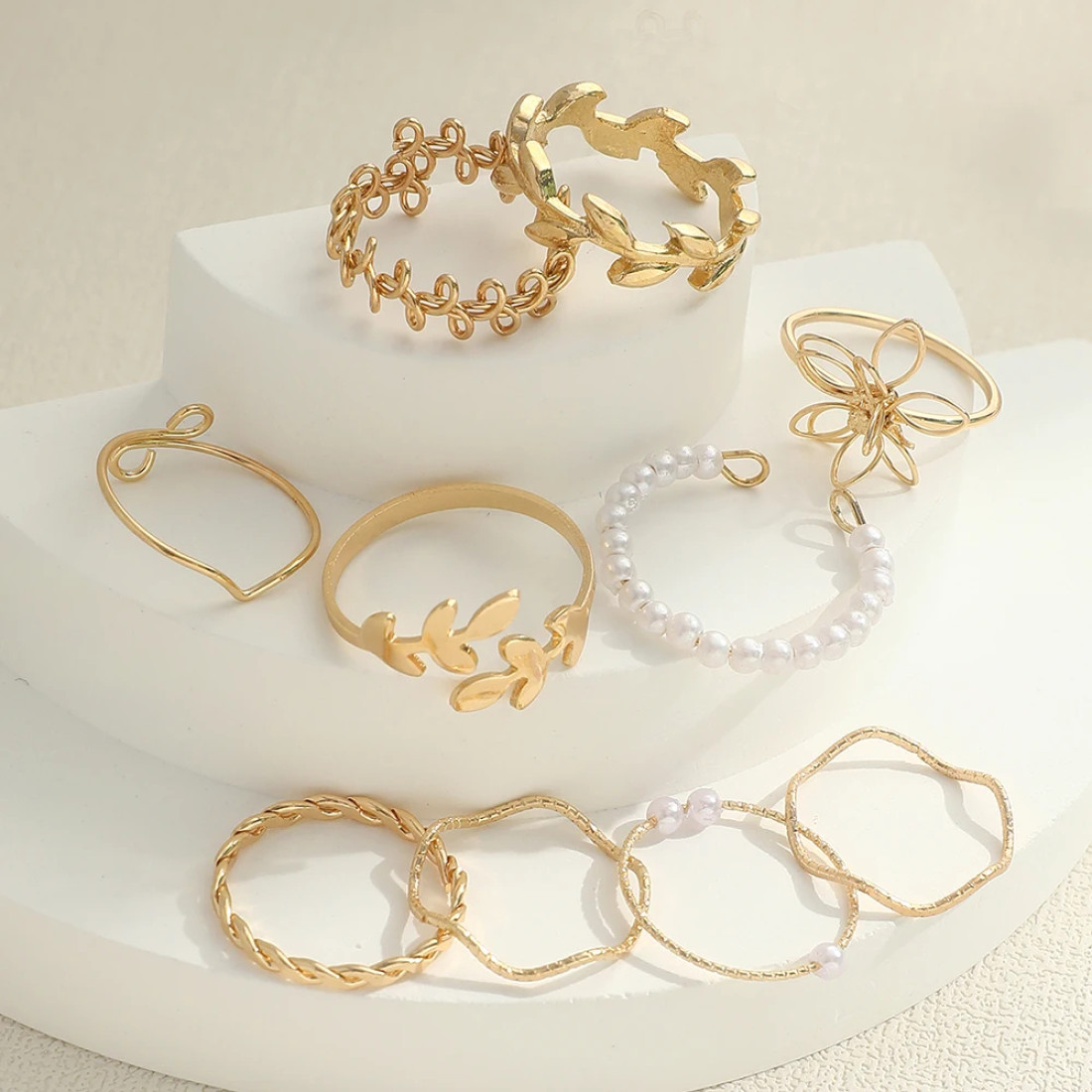 10 pcs Gold Color Flower Leaf Pearl Ring Set