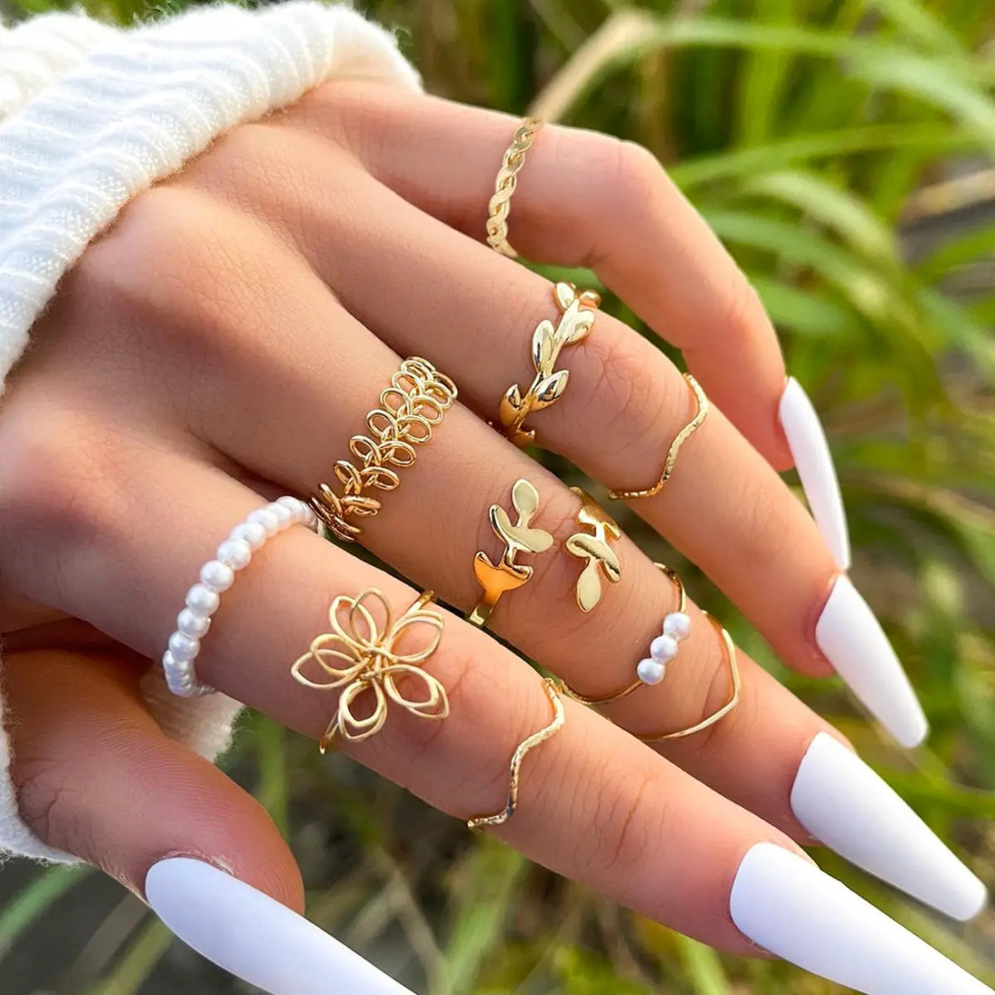 10 pcs Gold Color Flower Leaf Pearl Ring Set