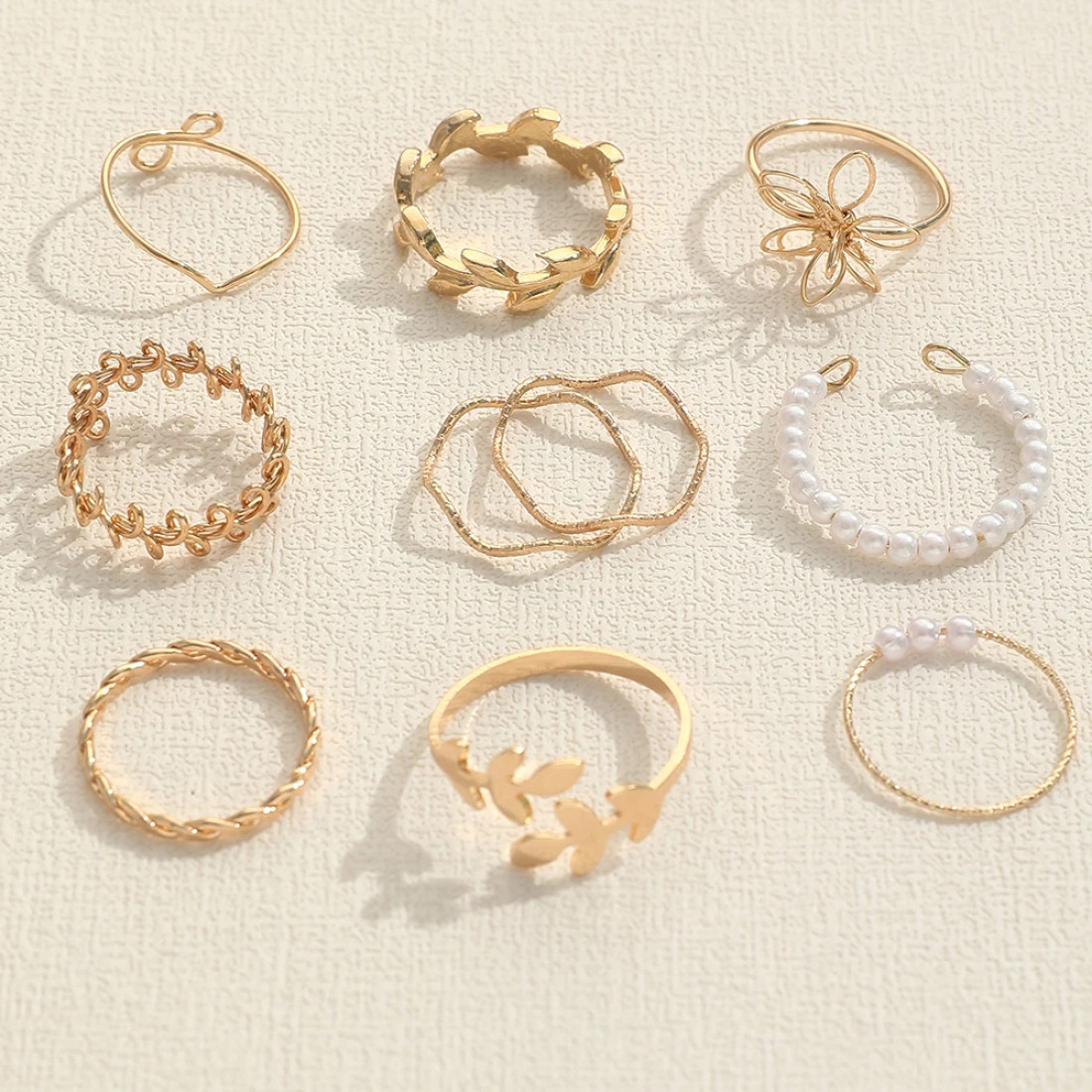 10 pcs Gold Color Flower Leaf Pearl Ring Set