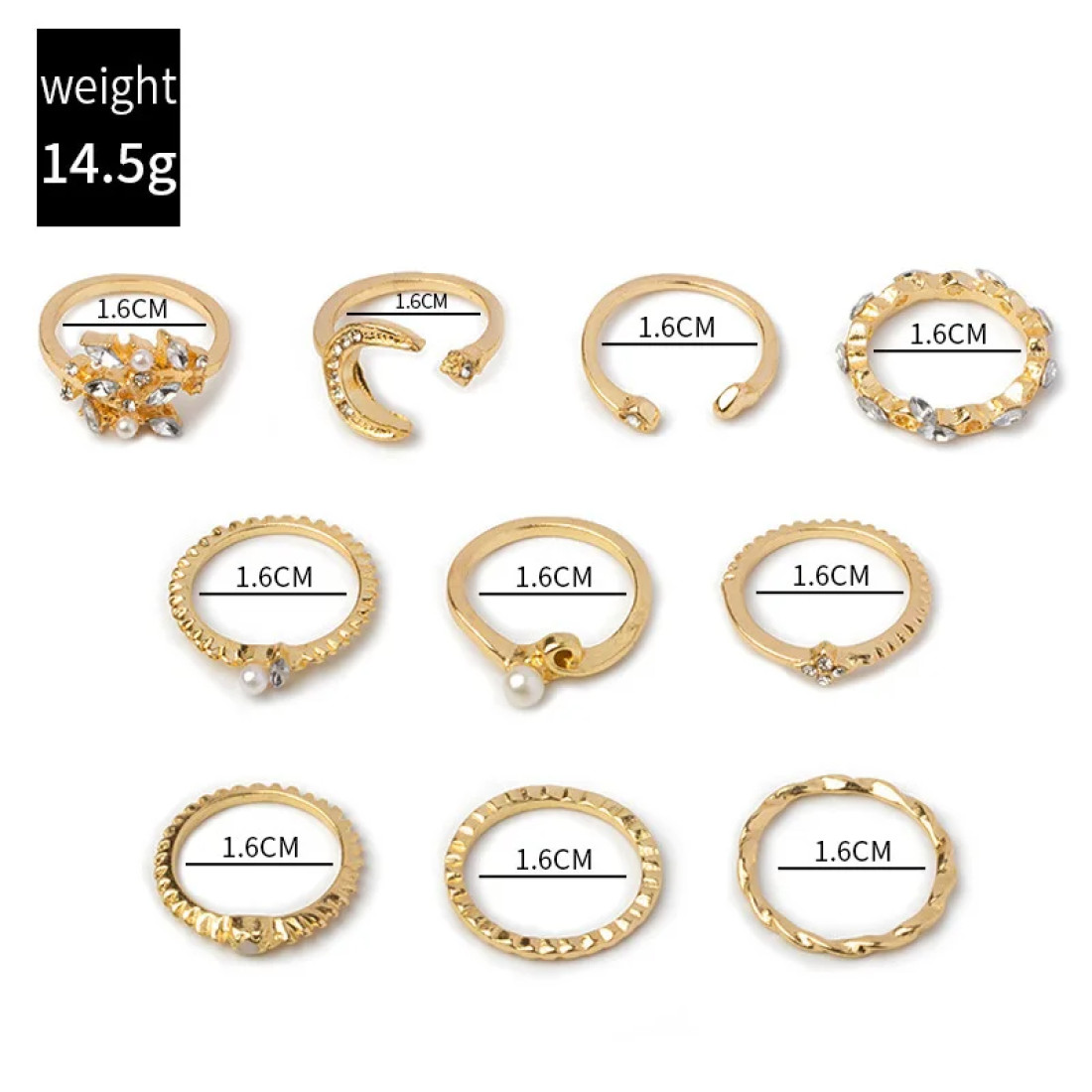 10 Pcs Golden Moon Ring Set