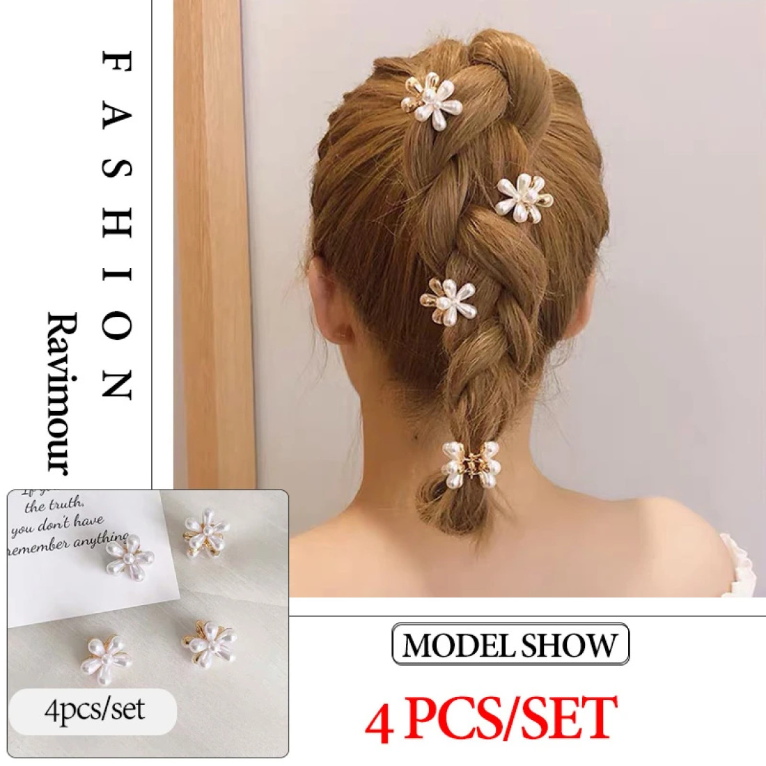 4 Pcs White Pearl Flower Hair Clip Set