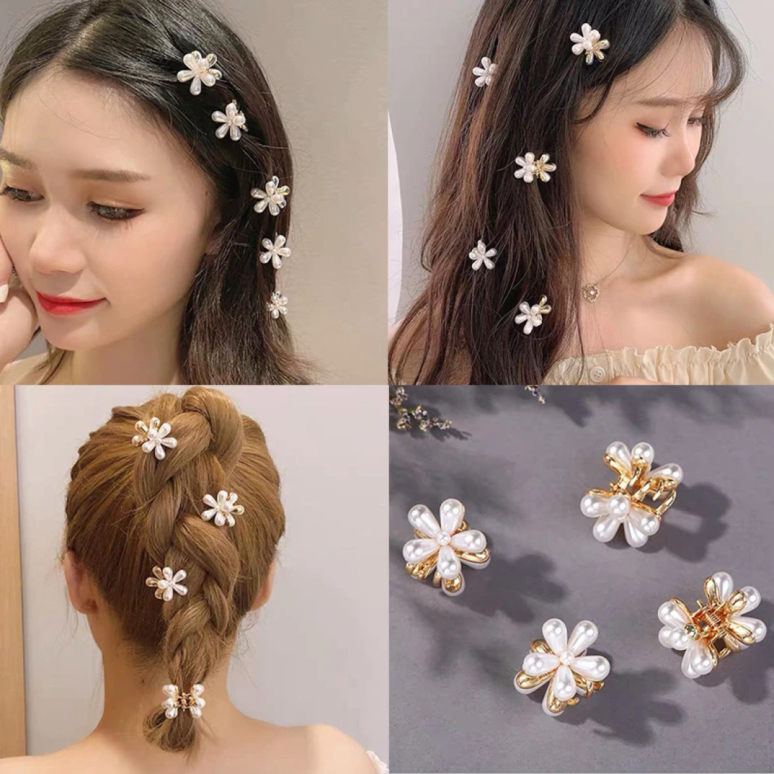 4 Pcs White Pearl Flower Hair Clip Set